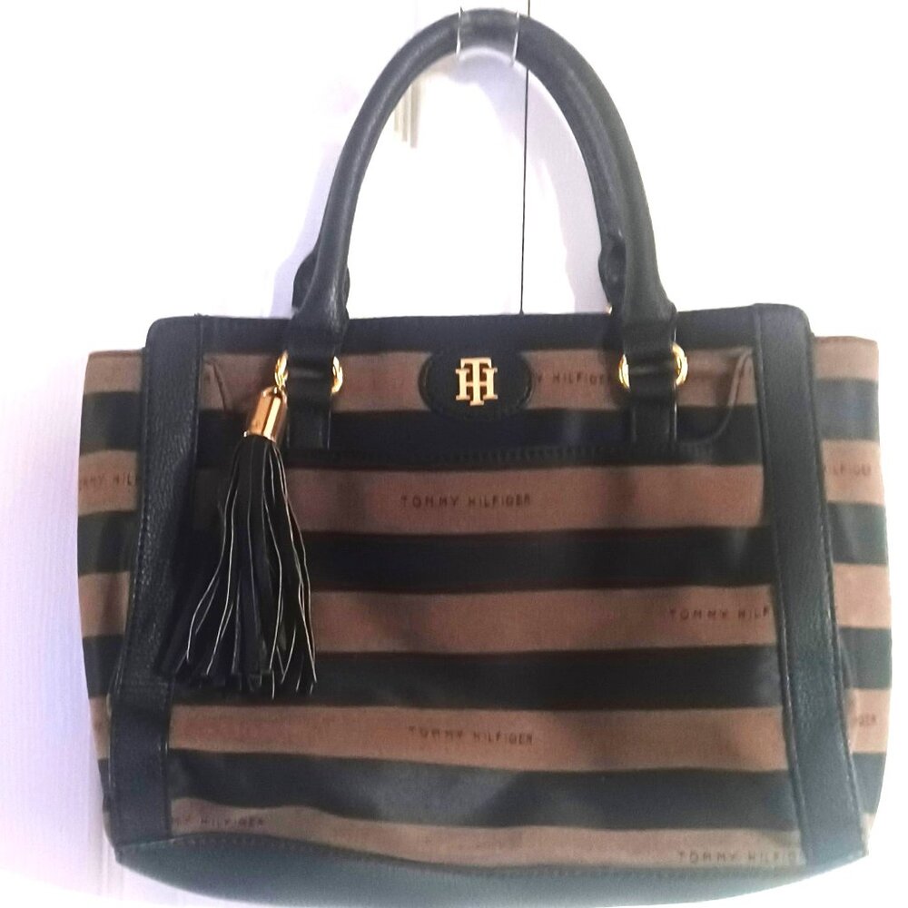 Tommy Hilfiger Black and Brown Striped Satchel